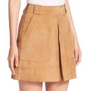 VINCE 100% Goat Leather Tan Suede Skirt Inverted Pleat Pockets Back Zipper